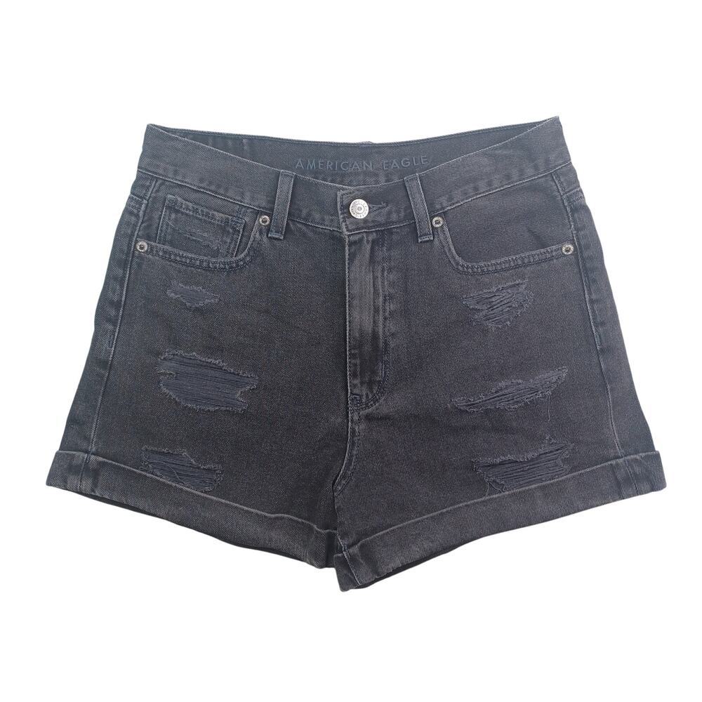 American Eagle Denim Mom Shorts Women Size 2 Black Jean High Waist Grunge Cuffed